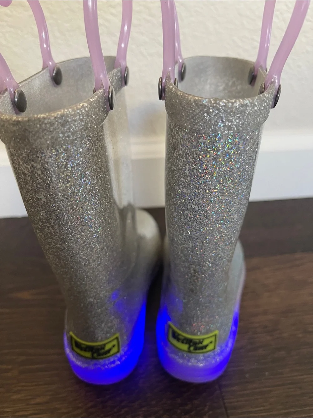 Western Chief Silver Glitter Kids Rain Boots with Pink Pull Tabs size 9 toddler